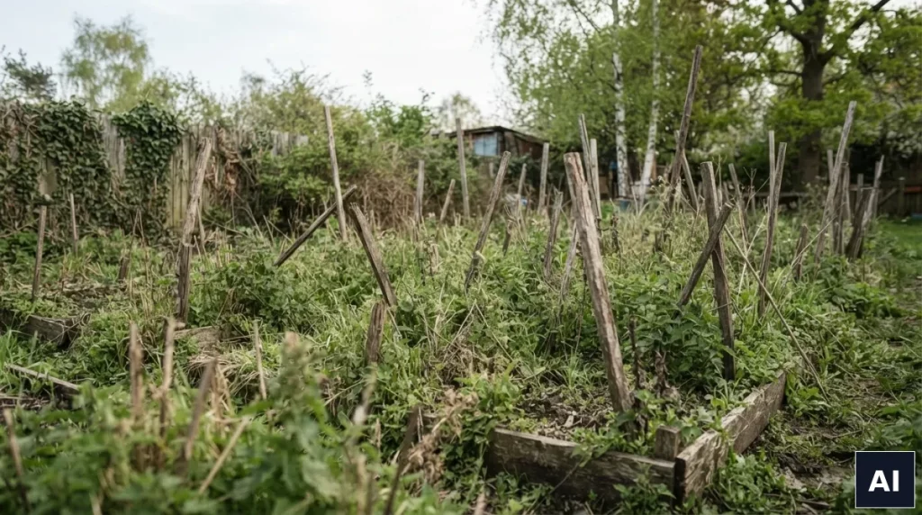 Zaniedbana działka warzywna porośnięta chwastami przed założeniem uprawy