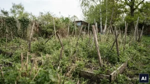 Zaniedbana działka warzywna porośnięta chwastami przed założeniem uprawy